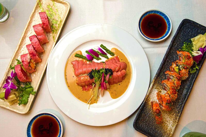 Overhead view of sushi and sashimi